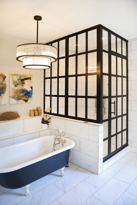 Gridscape Shower Door, Bathroom Door Ideas, Coastal Shower Doors, Bathroom Shower Doors, Shower Renovation, Traditional Bathroom Designs, Custom Tile Shower, Primitive Bathrooms, Steel Door Design