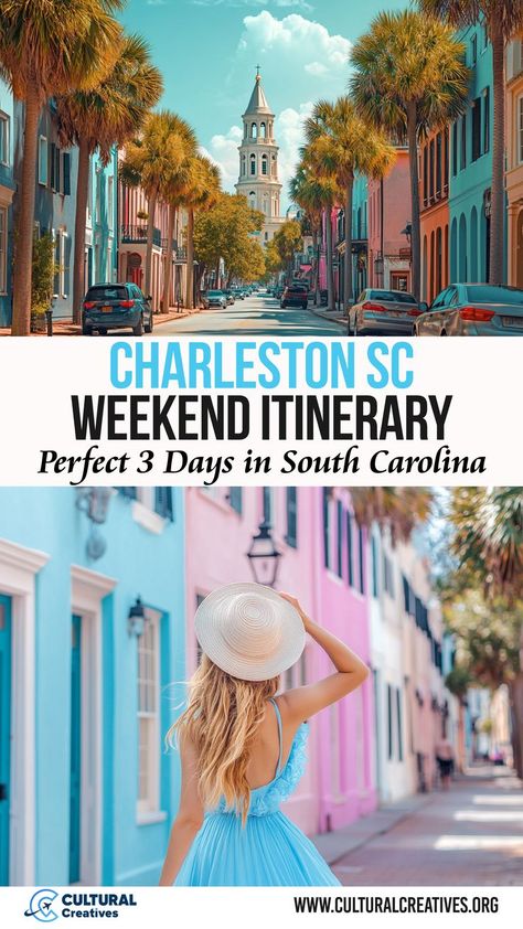 A woman in a blue dress and sunhat walks through a colorful street lined with palm trees, symbolizing a Charleston SC Weekend Itinerary: Perfect 3 Days in South Carolina, with a church steeple visible in the background. Weekend Trip To Charleston Sc, 1 Day In Charleston Sc, Charleston South Carolina Shopping, 3 Days In Charleston Sc, Girls Trip To Charleston Sc, Charleston Sc Girls Trip, One Day In Charleston Sc, Charleston Girls Trip, Charleston South Carolina Things To Do