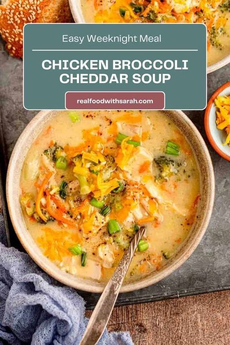 Make the infamous Chicken Broccoli Cheddar Soup right at home in just 35 minutes! Enjoy all the cheesy goodness with this comforting soup the whole family will love. Chicken Broccoli Cheddar Soup, Broccoli Cheddar Chicken Soup, Chicken Broccoli Soup, Broccoli Cheddar Chicken, Stews Recipes, Broccoli Soup Recipes, Cheddar Chicken, Comforting Soup, Broccoli Soup