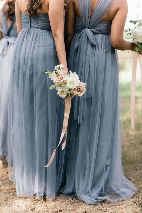 Grey Blue Bridesmaid Dresses, Bridesmaid Dresses Gowns, Pink Weddings, Grey Bridesmaids, Bridesmaid Dressing Gowns, Tulle Bridesmaid Dress, Dusty Blue Weddings, Blue Bouquet, Color Story