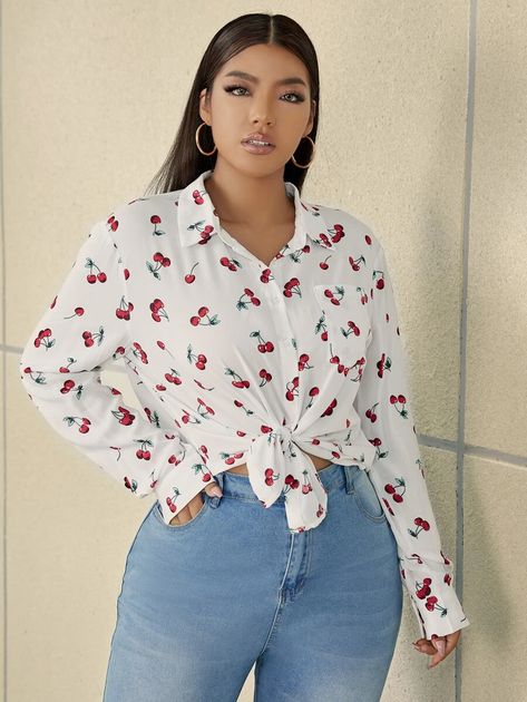 Plus Cherry Print Button Front Blouse | SHEIN USA Trendy Cherry Print Tops For Summer, Casual White Cherry Print Tops, Fitted Cherry Print T-shirt For Summer, Fitted Cotton T-shirt With Cherry Print, Casual Cherry Print T-shirt, Cherry Print, Shein Style, Plus Size Blouses, Summer Collection