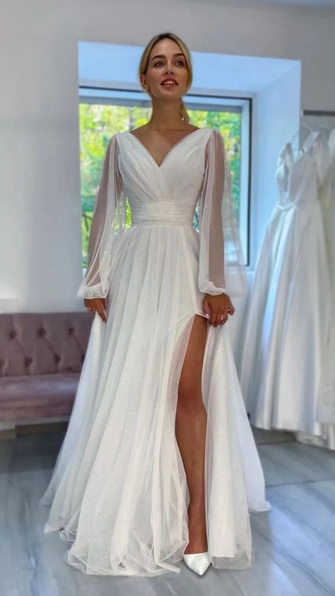 https://pin.it/5UeWwgIED Glitter Wedding Dress, Pretty Wedding Dresses, Affordable Prom Dresses, Prom Dresses Two Piece, Affordable Wedding Dresses, Dream Wedding Ideas Dresses, Long White Dress, Long Sleeve Sequin, Long Sleeve Wedding