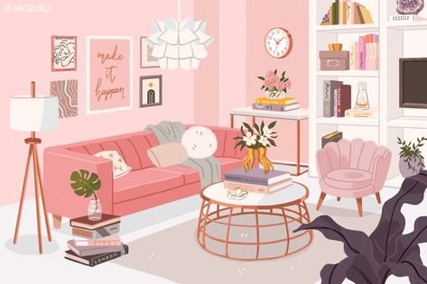 Aesthetic Room Illustration, Parisian Room, Living Room Illustration, Barbie Printables, Pink Paradise, Dream Craft Room, Interior Desig, Interior Illustration, Therapy Room