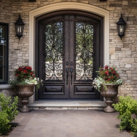 GID Arch Top Rose Cooper Wrought Iron Front Double Door ED427 Wrought Iron Storm Door Front Entry, Exterior French Double Doors, Cape Cod Double Front Door, Arch Transom Windows, Transitional Front Door Entrance, Beautiful Entrance Doors, Double Iron Front Doors, Double Door Home Entrance, House With Double Front Doors