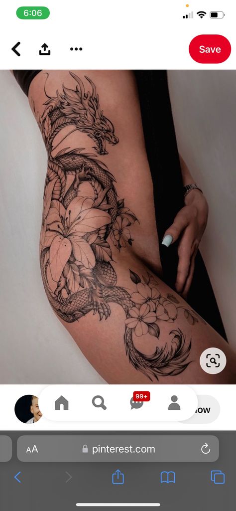 Skull And Flower Hip Tattoo, Dragon Tattoo Side Thigh, Thigh Rib Tattoo, Large Dragon Tattoo For Women, Tatoos Woman Thigh, Hip To Rib Tattoos For Women, Hip And Side Tattoos Women, Dragon Ribs Tattoo, Cool Hip Tattoos