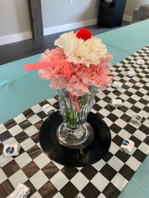 50s Theme Table Centerpieces, Decade Table Decorations, 50s Bday Party Ideas, 50s Party Centerpieces, Sock Hop Centerpieces, 50s Bridal Shower Ideas, 50s Table Decorations, 50s Centerpiece Ideas, 1950s Centerpieces