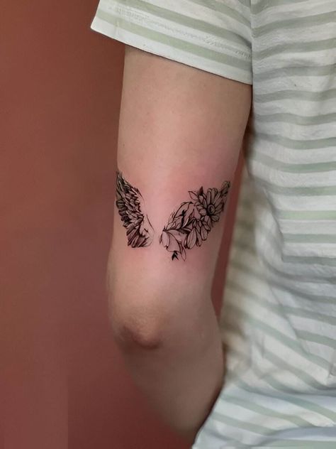 Angel Wings With Writing Tattoo, Half Wing Half Flower Tattoo, Floral Angel Tattoo, Angel Wing Floral Tattoo, Flower And Angel Wing Tattoo, Half Angel Wings Half Flowers Tattoo, Fingerprint Wings Tattoo, Angel Wing With Flower Tattoo, Angel Sibling Tattoo