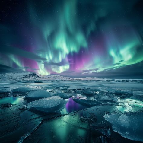 Aurora Ice Dance: The #breathtaking northern lights ripple across the #polar sky above a #serene icy landscape at night. #northernlights #icylandscape #nightphotography #nightsky #beautifulview #digitalart #photography #creativework ⬇️ Download and 📝 Prompt 👉 https://stockcake.com/i/aurora-ice-dance_304612_709167 Aurora Aesthetic Northern Lights, Artic Ocean Aesthetic, Northern Lights Wedding Theme, Northern Lights Aesthetic, Northern Lights Alaska, Macbook Setup, Witch Inspiration, Icy Landscape, Landscape At Night