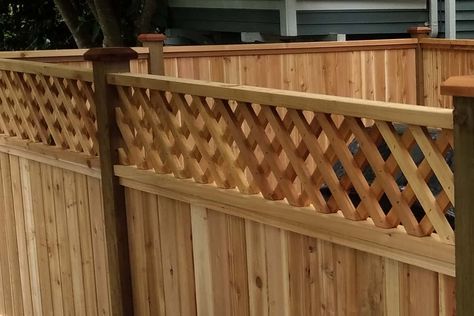 Lattice Fence With Gate, Double Wooden Gates, Fence With Lattice, Fence With Lattice Top, Cedar Fencing, Garden Privacy Screen, Gate Ideas, Lattice Fence, Garden Privacy