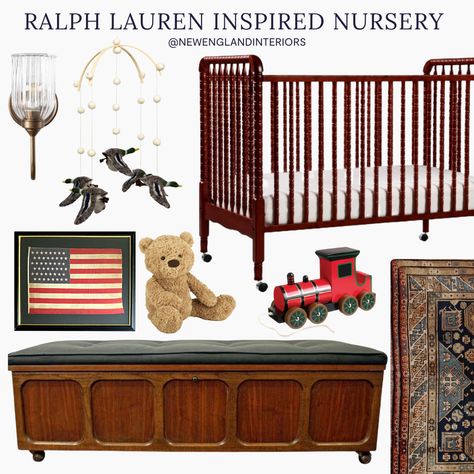 New England Interiors • Ralph Lauren Inspired Nursery • Crib, Lighting, Rug, Bear, Train, Trunk, Nursery Accessories & Decor.