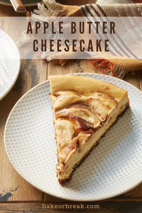 A swirl of sweet, spiced apple butter runs through this fantastic Apple Butter Cheesecake. A fall favorite! - Bake or Break #cheesecake #apple #applebutter Apple Butter Cheesecake No Bake, Apple Butter Uses Recipes, Apple Butter Baked Goods, Apple Butter Pie Recipe, Recipes With Apple Butter, Apple Butter Desserts, Apple Butter Cheesecake, Apple Butter Uses, Spiced Apple Butter