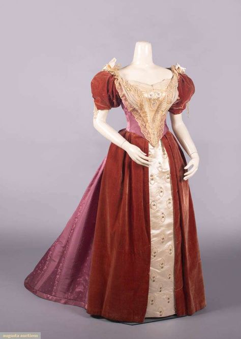 Velvet, Damask & Embroidered Silk Evening Gown, Late 1880s, Augusta Auctions,  December 4th, 2024 - Vintage Winter Wonderland 1800s Womens Fashion, Silk Evening Gown, Victorian Era Fashion, Floral Ribbon, Cream Silk, 19th Century Fashion, Clothing And Textile, Textiles Fashion, Evening Dresses Long