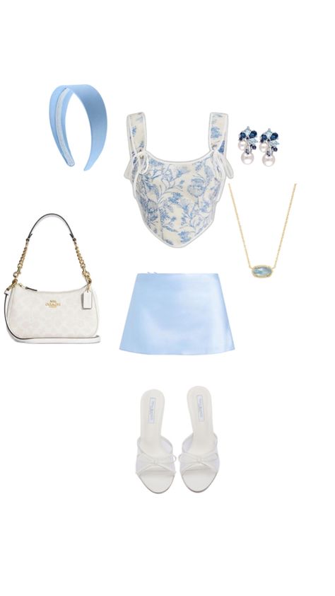 Earrings,blue,heels,bow,bag,shoulder bag,mini skirt,satin,coach,headband,floral pattern,crop top,necklace Blue Coquette Outfit, Light Blue Coquette, Light Blue Outfit, Blue Coquette, Coquette Outfit, Color Light Blue, Blue Outfit, Different Outfits, Perfect Outfit