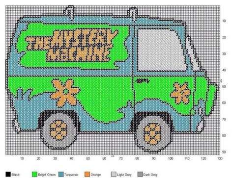 Mystery Machine Mystery Machine Cross Stitch, Crochet Mystery Machine, Mystery Machine Perler Beads, Plastic Canvas Scooby Doo Pattern, Scooby Doo Cross Stitch Patterns Free, Scooby Doo Plastic Canvas Patterns, Scooby Doo Pixel Art Grid, Scooby Doo Alpha Patterns, Scooby Doo Pixel Art