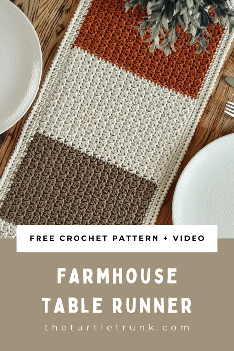 Photo shows a crochet table runner. Crochet Pattern For Table Runner, Knitted Table Runner Pattern, Diy Fall Table Runner, Free Crochet Pattern Table Runner, Crochet Table Runners Free Patterns, Table Runner Sewing Pattern, Crochet Fall Placemats Free Pattern, Crochet Farmhouse Blanket, Easy Fall Crochet Patterns Free