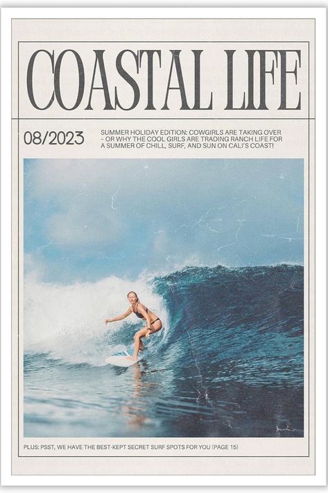 Girl surfing in blue water with the heading "Coastal life". Wall Poster.