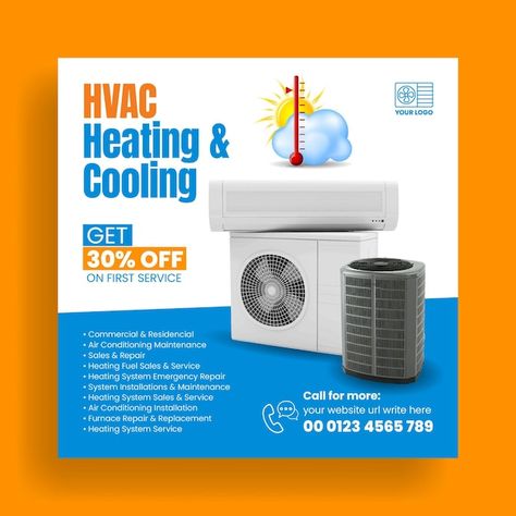 Vector heating and cooling hvac services... | Premium Vector #Freepik #vector Services Social Media Post, Hvac Installation, Hvac Services, Logo Psd, Technology Icon, Card Banner, Presentation Template Free, Poster Invitation, Cartoon Clip Art