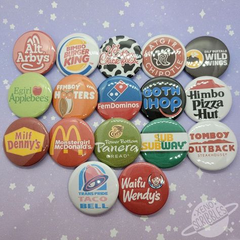 Why should Femboy Hooters get all the fun? Accessorize with one of these 17 originally designed parody/meme restaurant buttons! Goth Ihop, Outback Bread, Blah Blah Blah, Cool Patches, Have Metal, Cool Pins, Buffalo Ny, Cute Pins, Cute Crafts