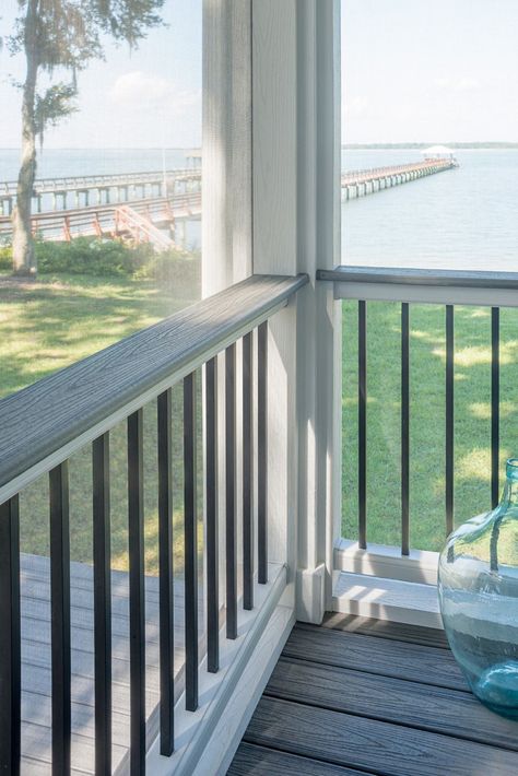 Traditional Deck Railing Ideas, Composite Railing Ideas, Cocktail Railing Deck, Back Porch Railing Ideas, Composite Deck Ideas, Trex Deck Railing, Front Porch Railing Ideas, Beach House Deck, Deck Railing Kits