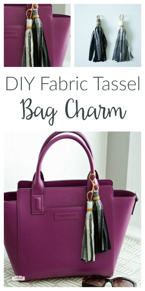 This Fabric Tassel Bag Charm is a simple DIY that adds extra style to your favorite handbag. Learn how to make these easy tassels from fabric scraps. Diy Fabric Tassel, Diy Bag Charm Ideas, Purse Tassels, Diy Purse Tassel, Cheap Trendy Bag Charm, Diy Tassel Bag Charm, Purple Couch, Tassel Bag Charm, Cute Sewing Projects