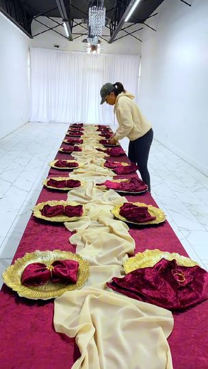 77K views · 1.4K reactions | Burgundy and gold birthday party decorations. #birthdayparty #eventdecor #partydecorations | A quick birthday party setup using burgundy velvet tablecloths and napkins, dried florals and gold chiavari chairs. | By The Sweet Space | Facebook Burgundy And Gold Decorations, Red And Gold Birthday Party, Moms 60th, Gold Birthday Party Decorations, Gold Chiavari Chairs, 60th Bday, 85th Birthday, Party Setup, Planning Business