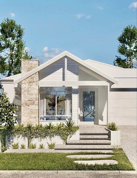 Australian House Exterior Facade Design, White Stone Front House, Modern Coastal Fascade, Weatherboard Exterior Australia, Australian House Facade, Stone And Weatherboard Exterior, White Exterior Cladding, White Rendered House Exterior Australia, Coastal House Inspo Exterior