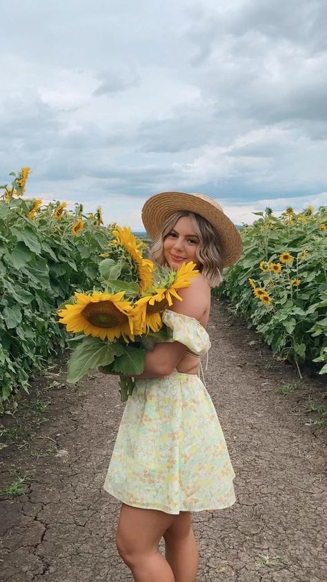 Sunflower Picking Outfit, Flower Picking Photoshoot, Sunflower Feild Pics, Sunflower Field Outfit Ideas, Sunflower Poses, Sunflower Picking, Sunflower Shoot, Spring Picture Ideas, Sunflower Field Photoshoot