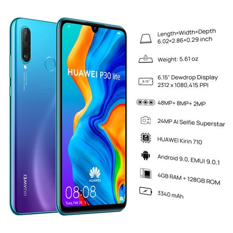 Huawei P30 Lite 128 GB 6.15 inch FHD Dewdrop Display Smartphone with MP AI Ultra-wide Triple Camera, 4GB RAM, Android 9.0 Sim-Free Mobile Phone, Single SIM, UK Version, Blue: Amazon.co.uk: Electronics & Photo Photo Pixel, Huawei P30 Lite, Biometrics Technology, Time Lapse Photography, Multi Screen, Optical Image, Face Recognition, Mobile Technology, Types Of Buttons