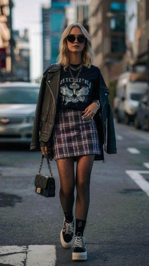 Casual Plaid Skirt Outfit, Plaid Skirt And Tshirt Outfits, Sneakers Date Night Outfit, Elevated Alternative Fashion, Skirts With Sweatshirts Outfit, Plaid Skirt Winter Outfit, Bowling Outfit Aesthetic, Plaid Skirt Outfit Fall, Tights And Skirt Outfit