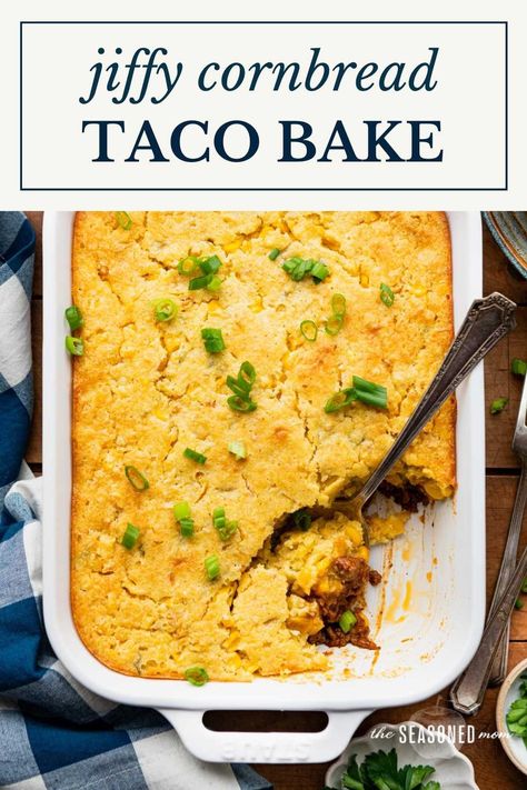 This easy cornbread taco bake includes a layer of ground beef taco meat, cheese, and a moist, sweet Jiffy cornbread topping made with creamed corn, green chiles, and zesty jalapeño peppers. Cornbread Chicken Taco Bake, Cornbread Casserole With Jalapenos, Jiffy Cornbread Dinner Recipes, Fiesta Cornbread Taco Bake, Taco Bake With Jiffy Cornbread, Taco Casserole Bake Cornbread, Jiffy Cornbread Taco Bake, Jiffy Cornbread Mexican Casserole, Chili Pot Pie With Jiffy Cornbread Crust