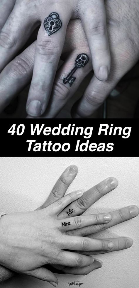 His And Her Wedding Ring Tattoos, Wedding Band Tattoos For Couples, Couple Finger Tattoos Marriage, Wedding Finger Tattoos Marriage, Couples Tattoos Ring Finger, Wedding Bands For Women Tattoo, His And Hers Ring Tattoos, Wedding Rings Tattoo His And Hers, Ring Tattoo Ideas For Couples