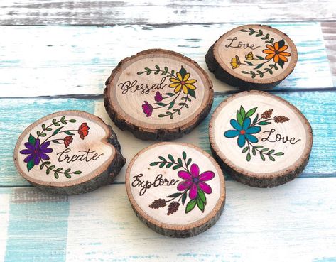 Wood Burned Gifts, Wood Plank Art, Handmade Wood Crafts, Plank Art, Coaster Art, Wilmington North Carolina, Wood Slice Art, Wood Slice Crafts, Wood Painting Art