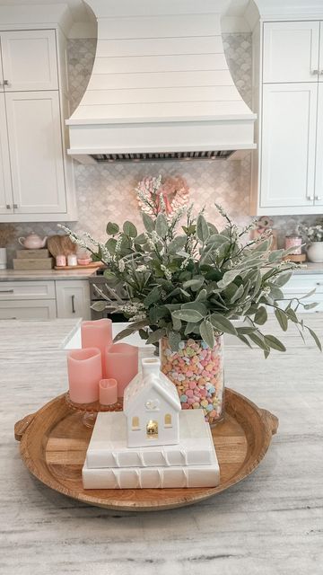 Valentine Kitchen Cabinet Decor, Valentines Kitchen Island Decor, Valentines Day Kitchen Table Decor, Valentine’s Day Dough Bowl, Valentine’s Day Kitchen Island, Island Centerpiece, Valentines Day Diy, Kitchen Island Centerpiece, Faux Stems