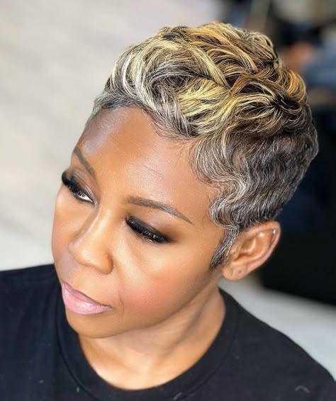 Image 1 of 1 Natural Blonde Short Hair, Two Toned Short Hair, Short Pixie Cuts For Black Women, Fall Short Hairstyles, Short Sassy Hair Black Women, Fall Hair Colors For Black Women, Short Pixie Cut Black Women, Short Hair Ombre, Hair Color For Black Women