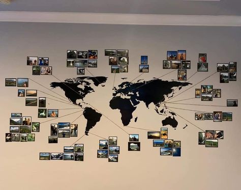 Travel Wall Display Ideas, Travel Photo Wall Ideas Living Room, Travel Picture Wall, Map On Wall, Map Monde, World Map Photo, Travel Gallery Wall, World Map Wall Decor, Office Wall Design