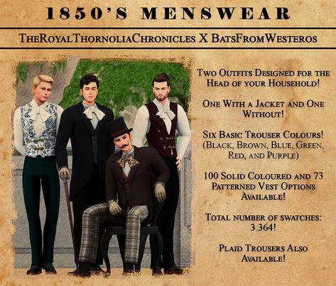 1850's Menswear: A Collaboration with BatsfromWesteros | The Royal Thornolia Chronicles on Patreon Victorian Cc Sims 4 Men, Sims 4 Cc Royalty Clothes Male, Sims 4 Decades Challenge Cc Patreon, The Sims 4 Cc Victorian Clothes Male, Sims 4 Male Victorian Cc, Sims 4 Historical Cc Male, Royal Cc Sims 4 Men, Historic Sims 4 Cc, Sims 4 Cc 1800s Clothes Men