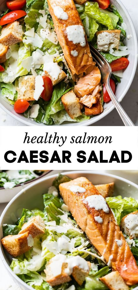 Take your salad game up a notch with this easy Salmon Caesar Salad recipe! It’s made with romaine, then topped with tomatoes, pan-seared salmon and a healthy homemade caesar dressing. You’ll never go back to boring caesar salads again! Salmon And Caesar Salad, Salmon In Salad, Salmon Romaine Salad, Salmon Caesar Salad Recipes, Caesar Salmon Salad, Salads With Salmon Ideas, Salmon On Salad Recipes, Salad Recipes Salmon, Easy Salmon Salad