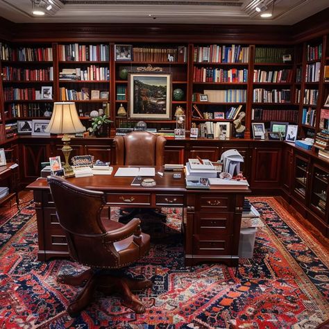 Sophisticated Home Office in Stephen Colbert's Montclair Mansion Home Library Office Ideas, Mahogany Study, Dark Wood Bookshelves, Study Room Ideas For Men, Vintage Office Aesthetic, Mansion Office, Grand Office, Mahogany Office, Classroom Aesthetic