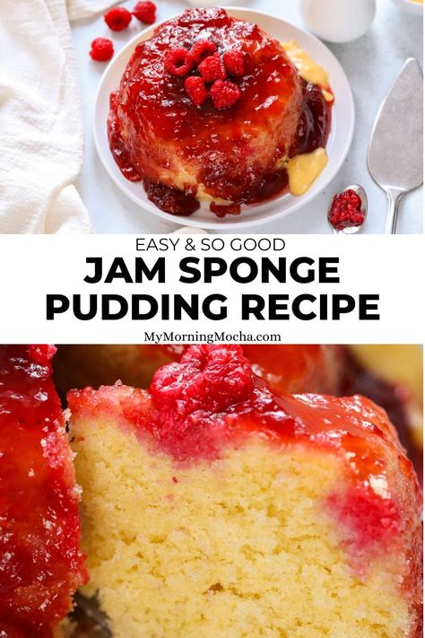 An easy microwave sponge jam pudding that's incredibly moist and delicious. This recipe takes just 5 minutes in the microwave and is so easy to make. via @MyMorningMocha Microwave Jam Sponge Pudding, Microwave Sponge Cake Recipes, Microwave Sponge Pudding, Microwave Steamed Pudding, Slow Cooker Pudding Recipes, Microwave Jam, Microwave Pudding, Jam Pudding, Jam Sponge Pudding