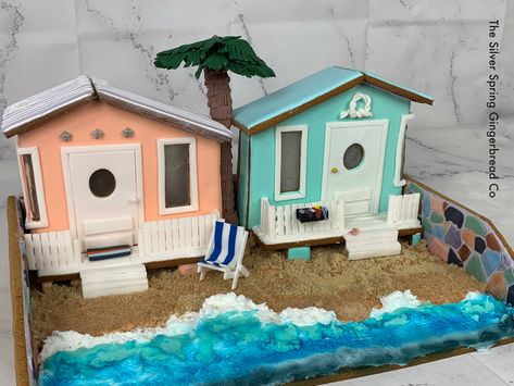 Cardboard Beach House, Gingerbread Beach House Ideas, Summer Gingerbread House, Beach House Gingerbread House, Beach Gingerbread House, Gingerbread Beach House, Beach Miniature, Miniature Beach Scene, Gingerbread Competition