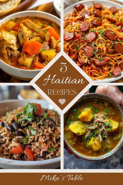 An list of different Haitian recipe pictures Haitian Spaghetti Recipe, Haitian Spaghetti, Soup Joumou, Haitian Recipes, Haitian Food Recipes, Cuisine Recipes, Spaghetti Recipes, Authentic Recipes, International Recipes