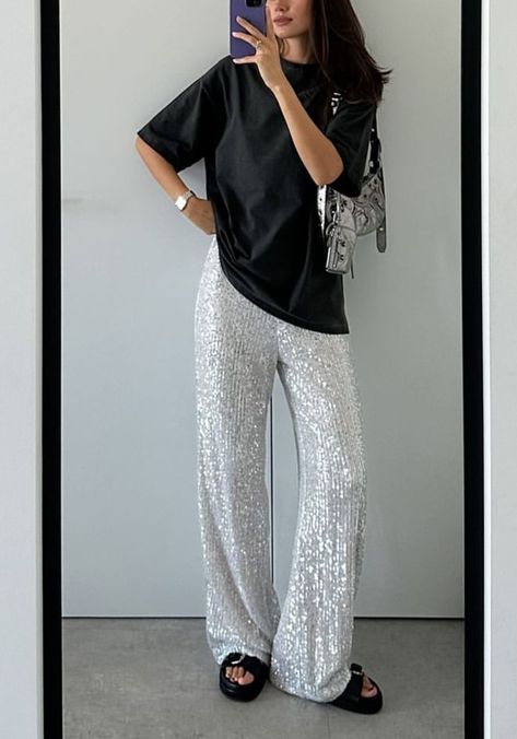 Silver Sparkly Pants Outfit, Grey Sequin Pants Outfit, Silver Summer Outfit, Sparkle Pants Outfit New Years, Silver Bottoms Outfit, Sequin Pants Outfit Casual, Silver Sequin Pants Outfits, Sparkly Pants Outfit, Sparkle Pants Outfit