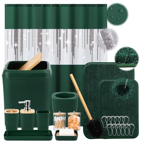 PRICES MAY VARY. Pp+abs BATHROOM ACCESSORY SET COMPLETE with SEQUIN SHOWER CURTAIN: The perfect bathroom accessories set,including70.8"Lx70.8" W shower curtain with 12 hooks,19.6"x31.5" mat, 15.7"x23.6" mat, lotion soap dispenser, toothbrush holder, toothbrush cup, Vanity Tray, soap dish, trash can, toilet brush,2 *Qtip holder. The bathroom accessories sets will take your bathroom to a new level of design and comfort. GLITTER SHOWER CURTAIN: This sparkling shower curtain with 12 hooks will add a Hunter Green And Gold Bathroom, Hunter Green Bathroom Decor, Green Countertops Bathroom, Green And Gold Bathroom Decor, Grey And Green Bathroom Ideas, Green Shower Curtain Bathroom, Green Bathroom Ideas Decor, Olive Green Bathroom, Bathroom Decor Shower Curtains