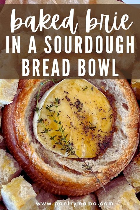 Baked Brie in a Sourdough Bread Bowl - gooey Brie cheese nestled in crusty sourdough bread, drizzled with honey and thyme. Sourdough Bread Bowl Recipe, Best Sourdough Starter Recipe, Artesian Bread, Pantry Mama, Pecan Baked Brie, Bacon Onion Jam, Bread Bowl Recipe, Brie Appetizer, Brie Recipes