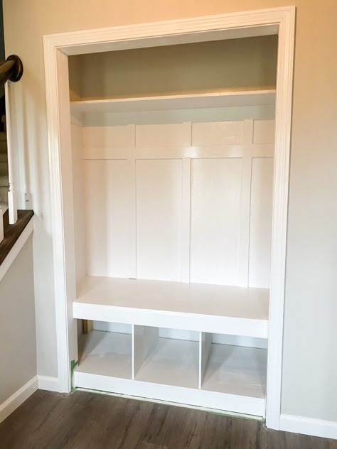 Entryway Coat Closet Makeover, Mudroom Closet Makeover Diy, Closet To Cubbies, Front Entryway Bench And Hooks, Transform Entryway Closet, Front Hall Closet Makeover Entryway, Hall Closet Into Built In, Hall Closet Transformation, Closet Bench With Storage