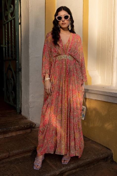 Buy Paulmi and Harsh Yellow Crepe Refreshing Floral Pattern Kaftan Online | Aza Fashions Paulmi And Harsh, Cherry Blossom Pattern, 1950’s Fashion, Kaftan Designs, Style Guru, Indian Fashion Designers, Pink Sequin, Kaftan Dress, Pakistani Dresses