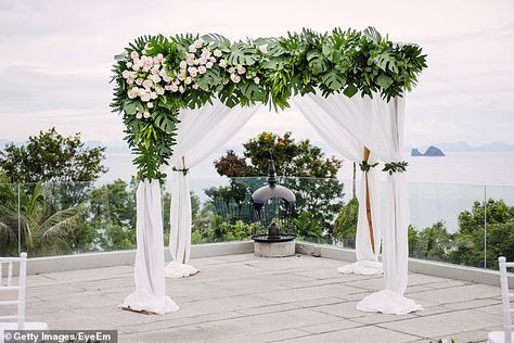 DailyMail.com has learned that a chuppah (stock photo) has been prepared in one of the three massive white tented structures set up for Saturday's wedding ceremony on the ocean front lawn of the sprawling Peltz compound Nicola Peltz Wedding, Beach Wedding Altar, Jewish Chuppah, Brooklyn Beckham And Nicola Peltz, View Background, White Wedding Arch, Jewish Marriage, Jewish Wedding Ceremony, Wedding Altar