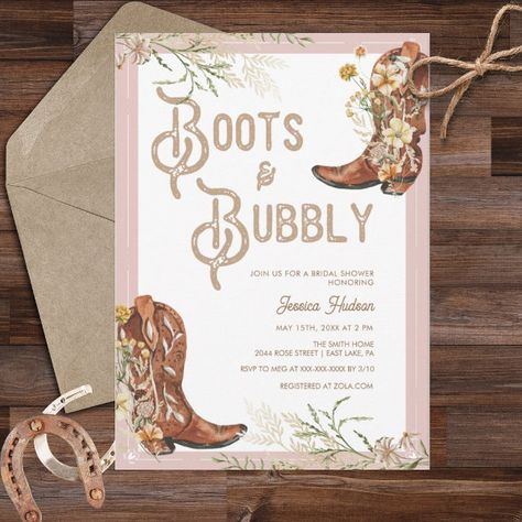 Watercolor Floral Boots & Bubbly Bridal Shower Invitation Boots And Bubbly Bridal Shower, Boots And Bubbly, Floral Cowboy Boots, Cowgirl Bridal Shower, Western Bridal Showers, Bridal Shower Brunch Invitations, Last Rodeo, Country Bridal Shower, Rodeo Boots