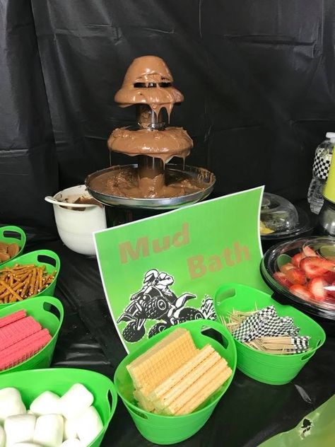 ATV Four Wheeler Party Mud Bath Food Table Mudding Party Ideas, Quad Party Ideas, Dirt Bike Birthday Party Food Ideas, Four Wheeler Themed Birthday Party, Mud Birthday Party Ideas, Quad Themed Birthday Party, Mudding Birthday Party, Mud Truck Birthday Party, Atv Themed Birthday Party