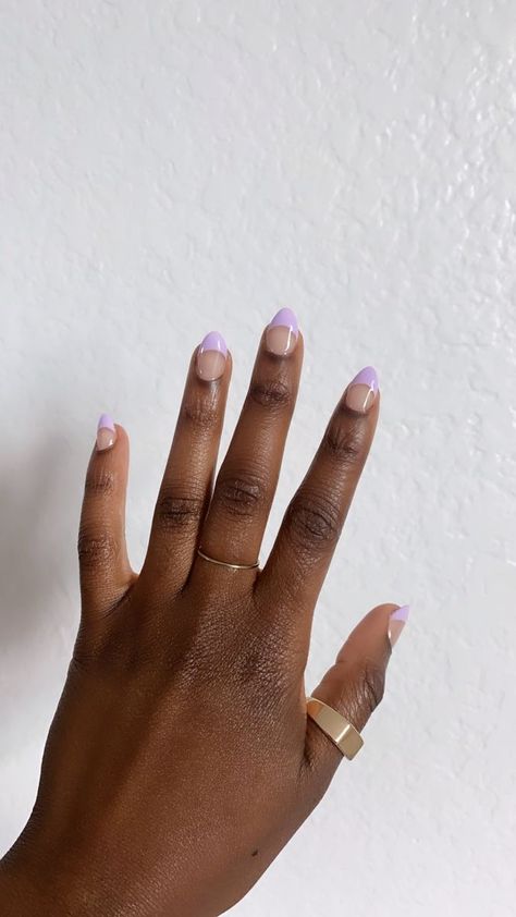 lavender french tip almond shape Purple French Tips Almond, Lavender Acrylic Nails Almond, Lavender Nails French Tip, Almond Nails Lavender, Lavender Tip Nails, Short Almond Nails Purple, Almond Nails Designs Purple, Lavender French Nails, Short Almond Acrylic Nails Design